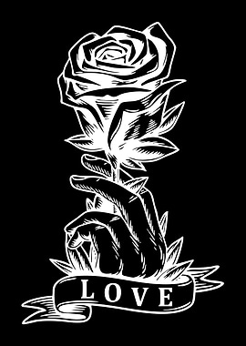 Hand Holding a Rose with Love Banner