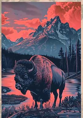 Bison in a Mountain Landscape