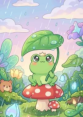 Cute Frog Under Leaf Umbrella in Rain