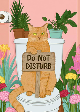 Cat on Toilet with Do Not Disturb Sign