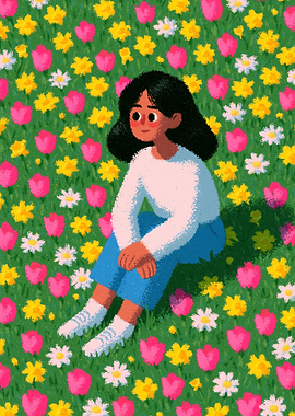 Girl Sitting in a Field of Flowers