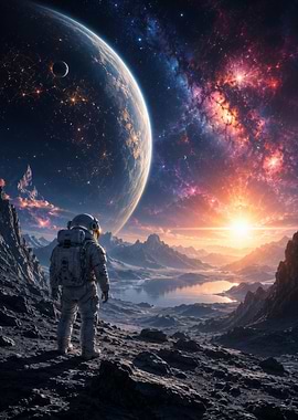 Astronaut on alien planet overlooking galaxy