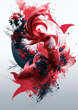 Red Koi Fish with Floral Elements