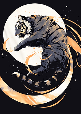 Tiger in front of a moon