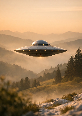 UFO hovering over misty mountains landscape