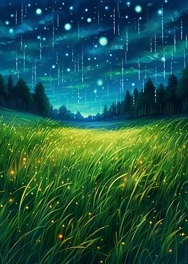 Magical Night Meadow with Fireflies