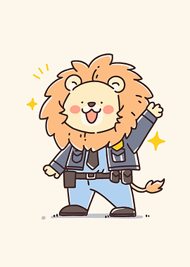 Cute Cartoon Lion Police Officer Waving