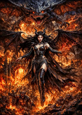 Demonic Queen Lilith and Dragon in Hell