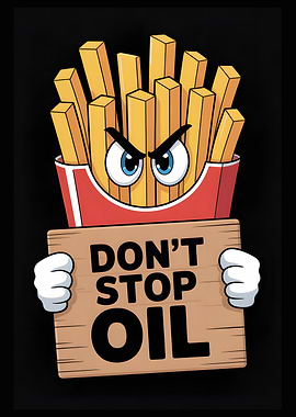 Angry French Fries Holding 'Don't Stop Oil' Sign
