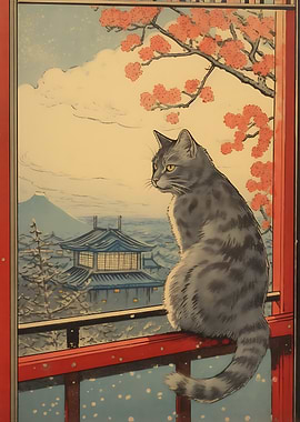 Cat overlooking a Japanese landscape