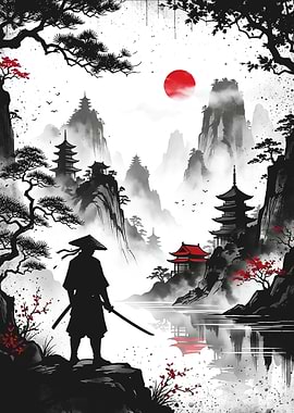 Samurai in a Misty Japanese Landscape