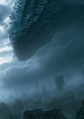 Giant Dragon Over Ruined City