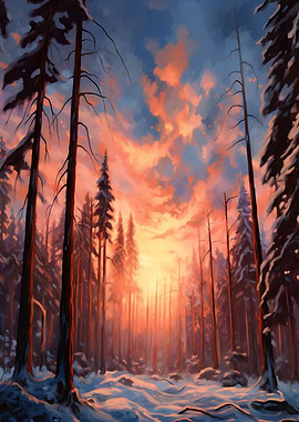 Winter Forest Sunset Painting