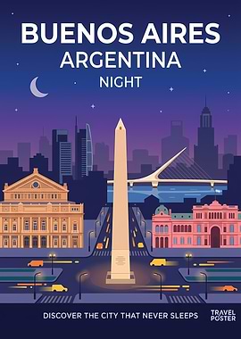 Buenos Aires Argentina Night Travel Poster