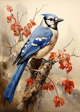 Blue Jay on Branch with Red Leaves
