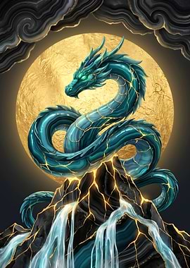 Dragon on Mountain with Golden Moon Kintsugi Art