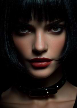 Close-up of a woman with dark hair and red lips