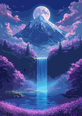 Mountain Waterfall and Full Moon
