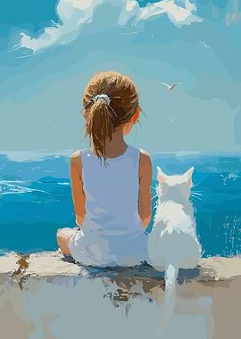 Girl and cat watching the sea