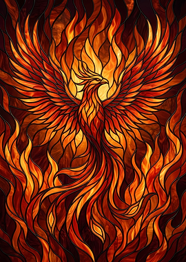Stained Glass Phoenix Ascension in Flames