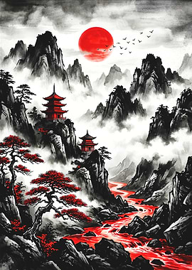 Japanese Pagoda Landscape with Red Sun