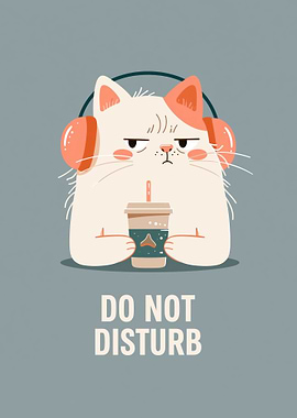 Grumpy Cat with Headphones and Coffee