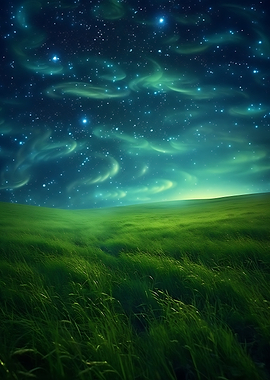 Starry Night Over Grassy Field