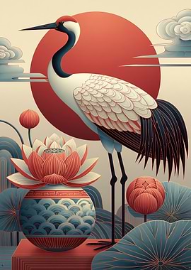 Japanese Crane and Lotus Vase
