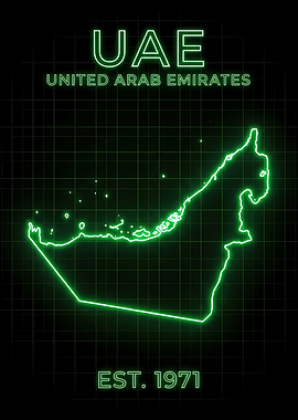 Neon UAE Map Retro Futuristic Grid Radar Style Design 1971. Middle East, Gulf states