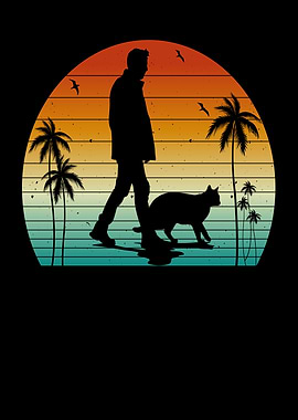 Man and Cat Walking at Sunset