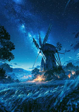 Enchanted Night Landscape with Windmill