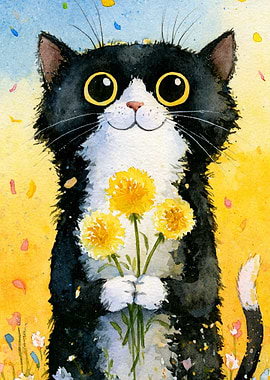 Cute Cat Holding Dandelions