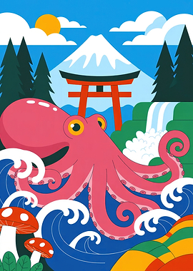 Pink Octopus and Mount Fuji