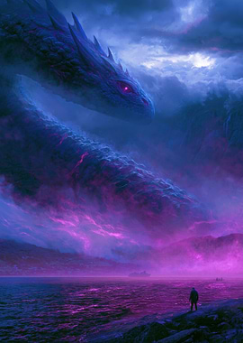 Norse Mythical Dragon Over Purple Sea
