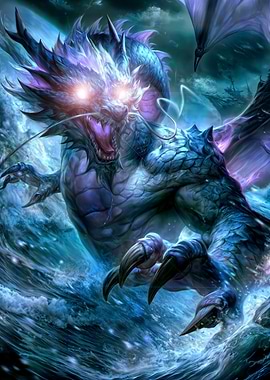 Fierce Blue Dragon in Stormy Seas
