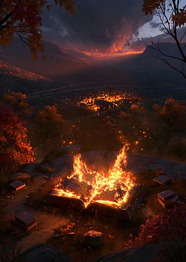 Burning Book in a Forest at Dusk