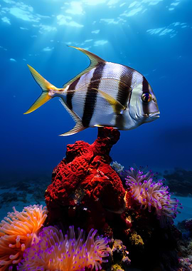 Striped fish above coral reef