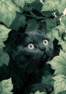 Black Cat Among Green Leaves