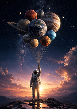 Astronaut holding planet balloons