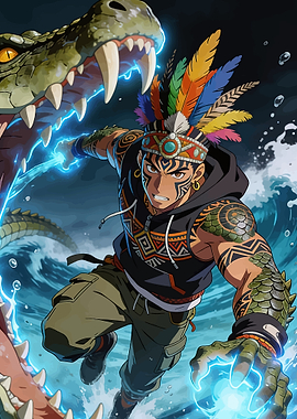 Man fighting a crocodile with lightning