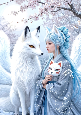 Kitsune Girl and Fox in Winter