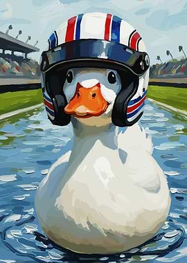 Duck in Racing Helmet on Track