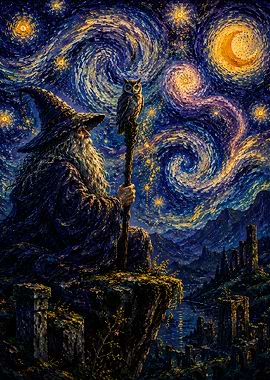 Wizard with Owl Under Starry Sky