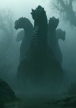 Mythical Hydra in a Misty Swamp
