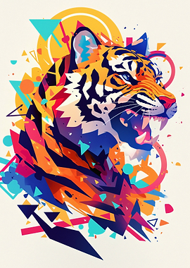 Abstract Tiger Roaring with Geometric Shapes