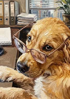 Dog wearing glasses in an office