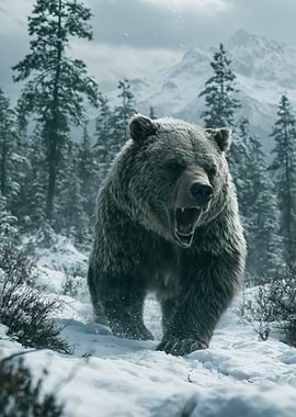 Aggressive Grizzly Bear in Snowy Forest