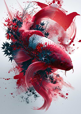 Red Koi Fish with Maple Leaves