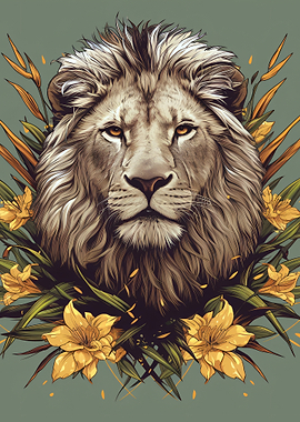 Majestic Lion with Yellow Flowers