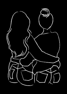 Two women hugging, minimalist line art